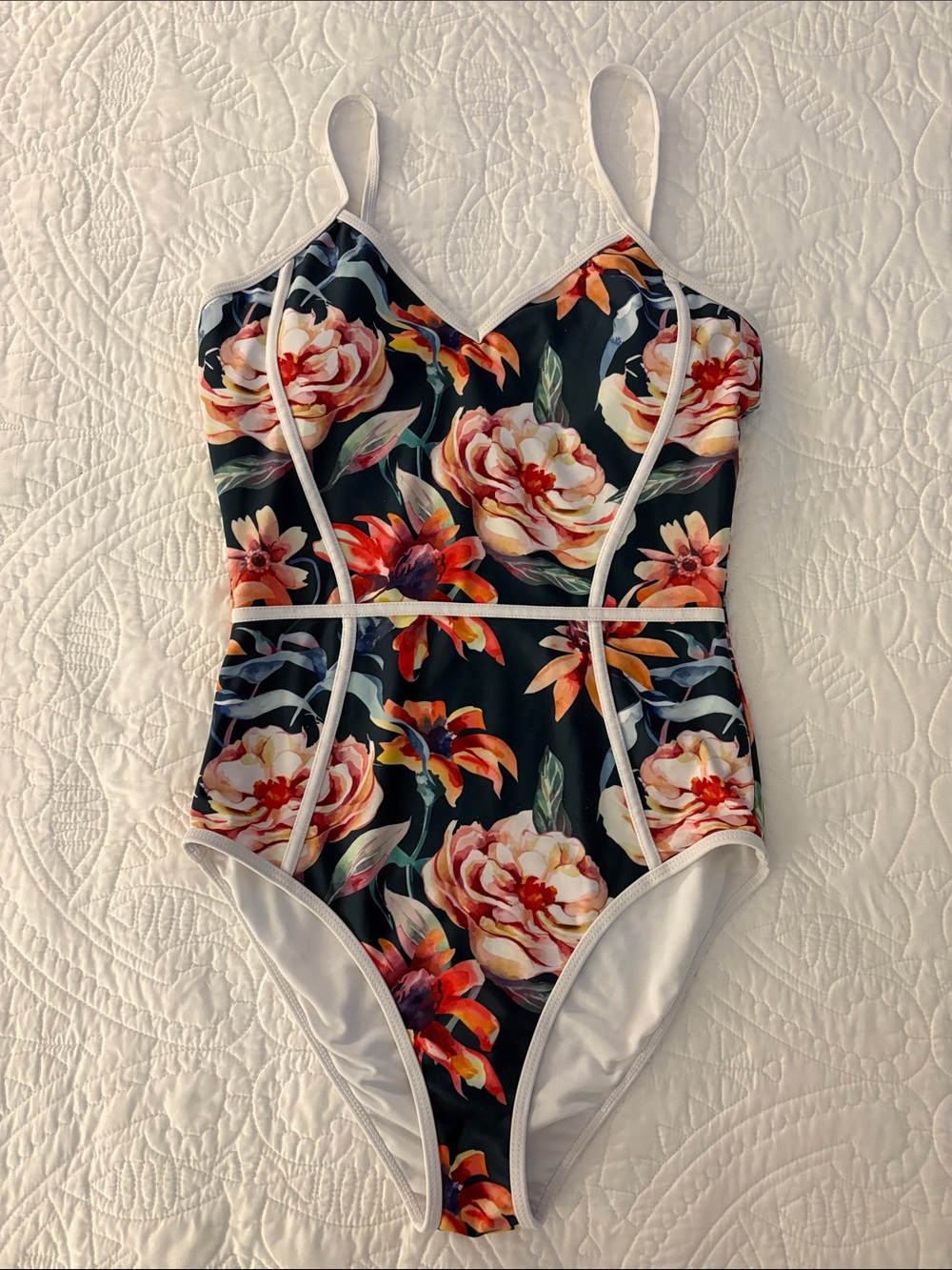 Cupshe Black Floral One-Piece Swimsuit with White Trim